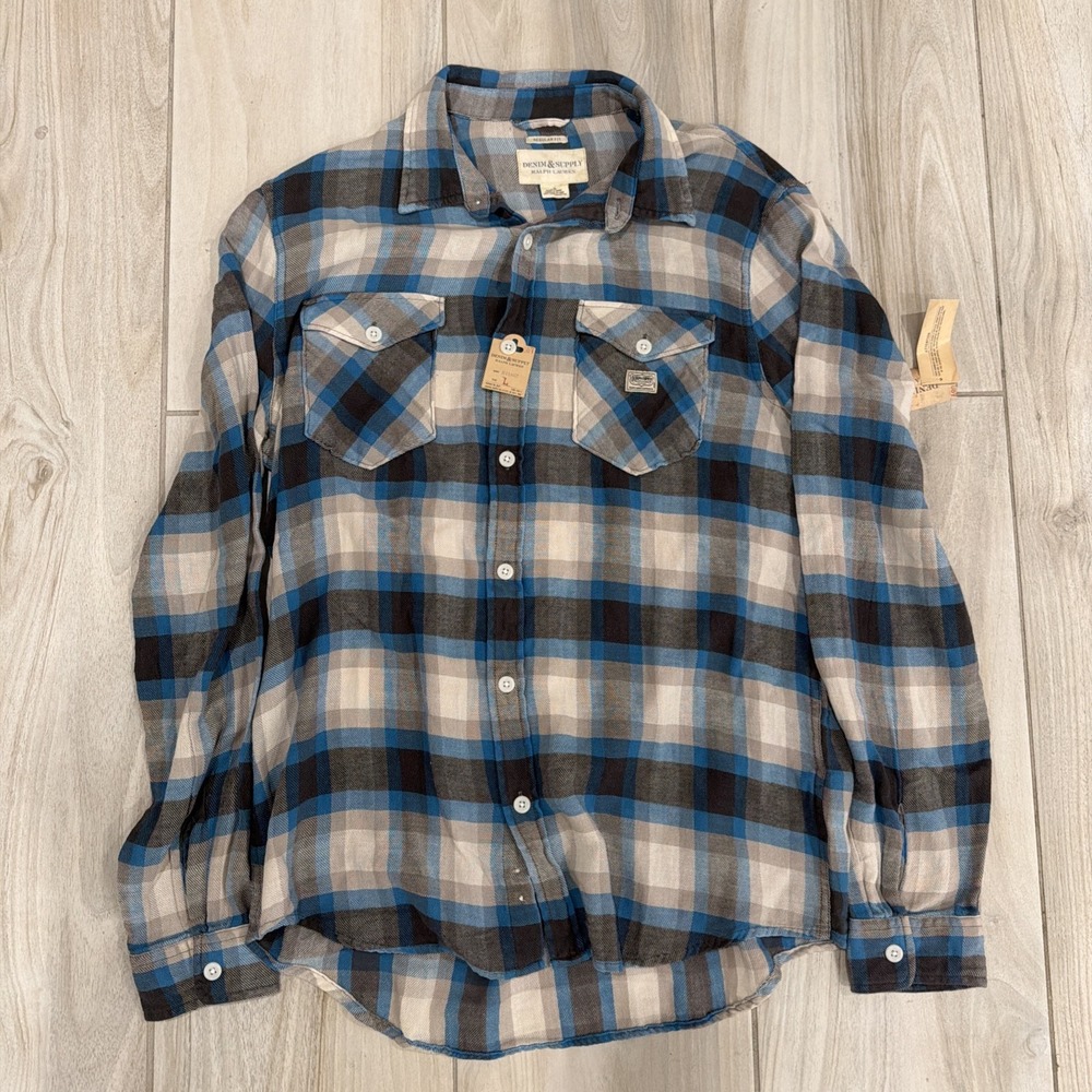 Denim & Supply Ralph Lauren Flannel Shirt L Blue Gray Plaid Western Cotton New